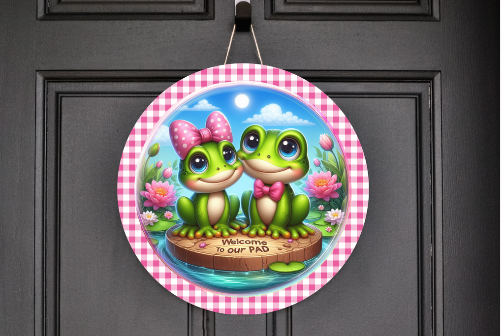 Welcome To Our Pad Frog Couple Wreath Sign, Round Metal Sign, Door Hanger