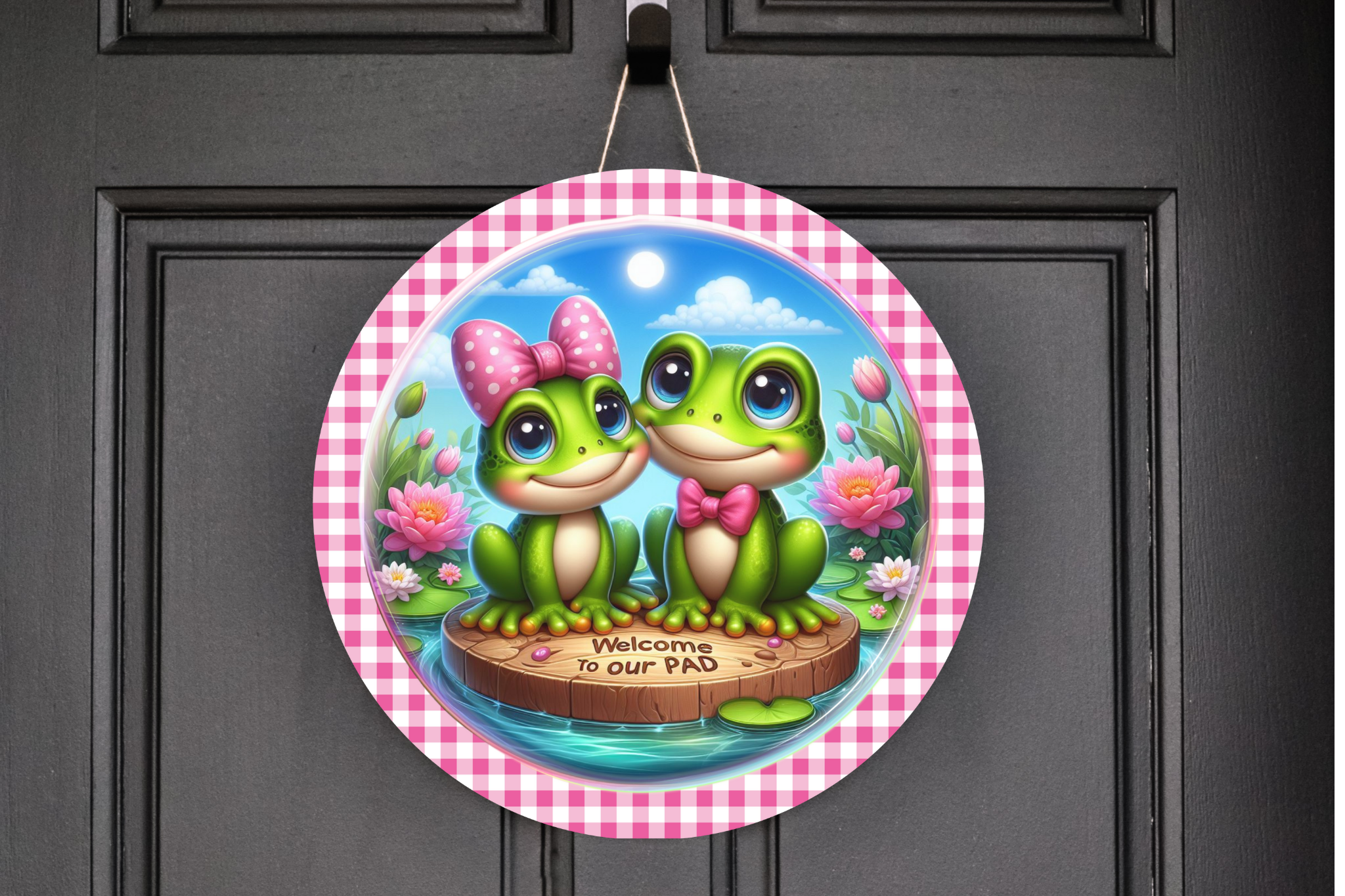 Welcome To Our Pad Frog Couple Wreath Sign, Round Metal Sign, Door Hanger