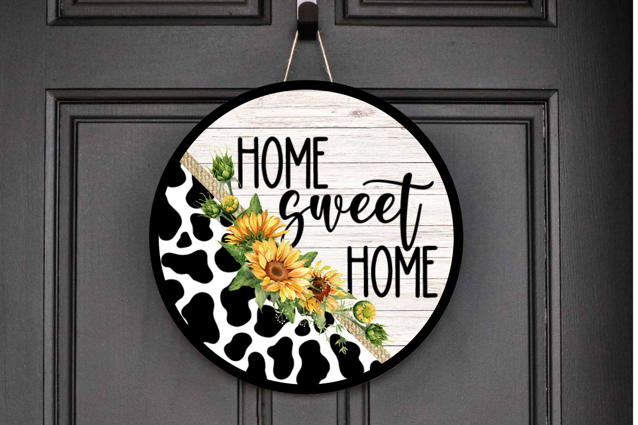Home Sweet Home Sunflowers/Cow Print Wreath Sign, Round Metal Sign, Door Hanger