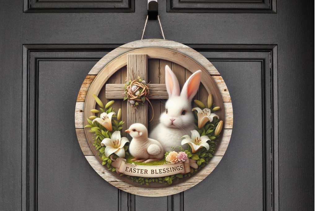 Easter Blessings Bunny and Chick Wreath Sign, Round Metal Sign, Door Hanger