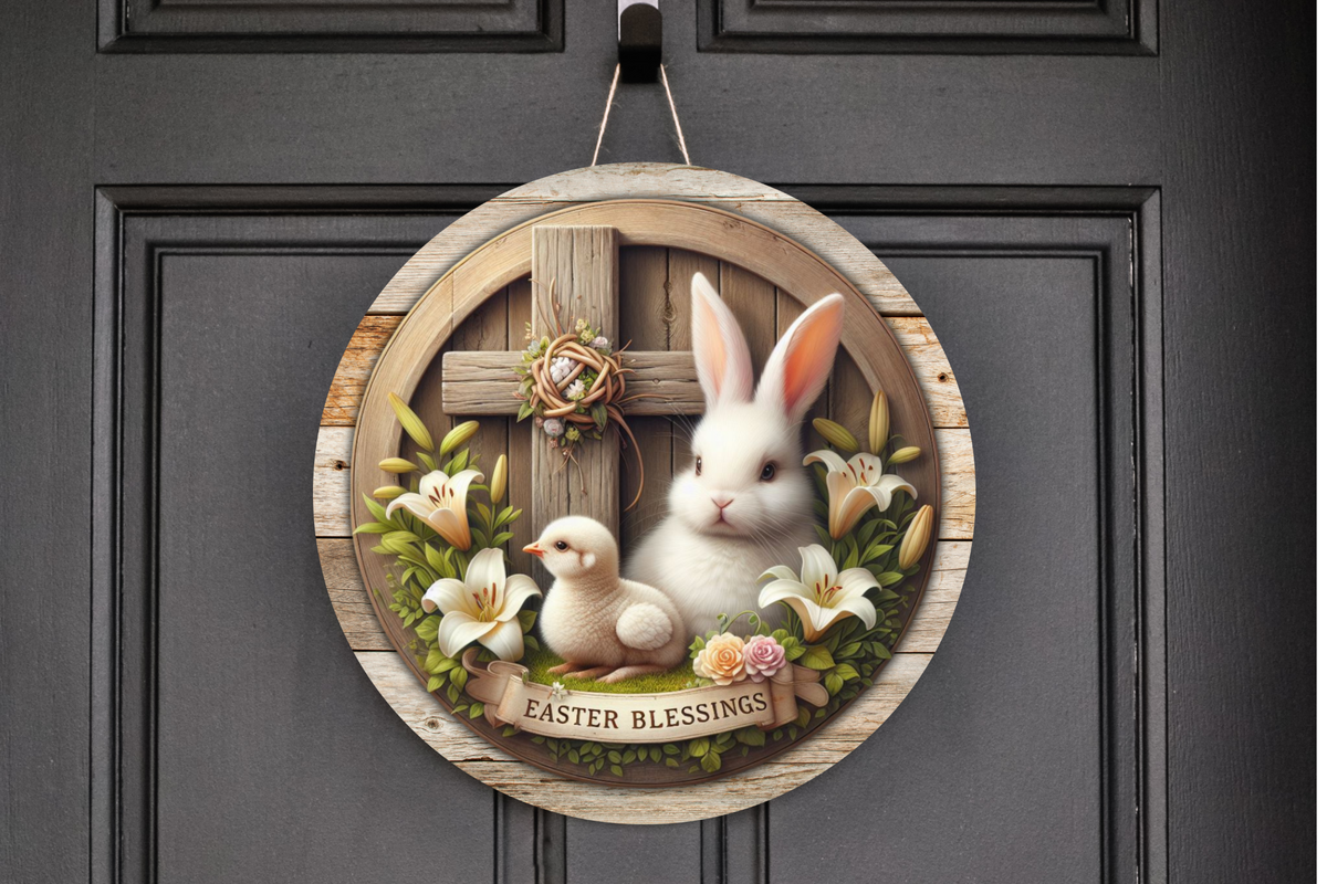 Easter Blessings Bunny and Chick Wreath Sign, Round Metal Sign, Door Hanger