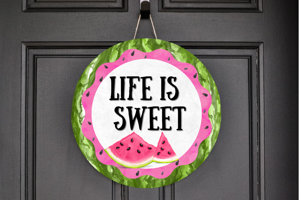 Life Is Sweet Watermelon Wreath Sign, Round Metal Sign, Door Hanger