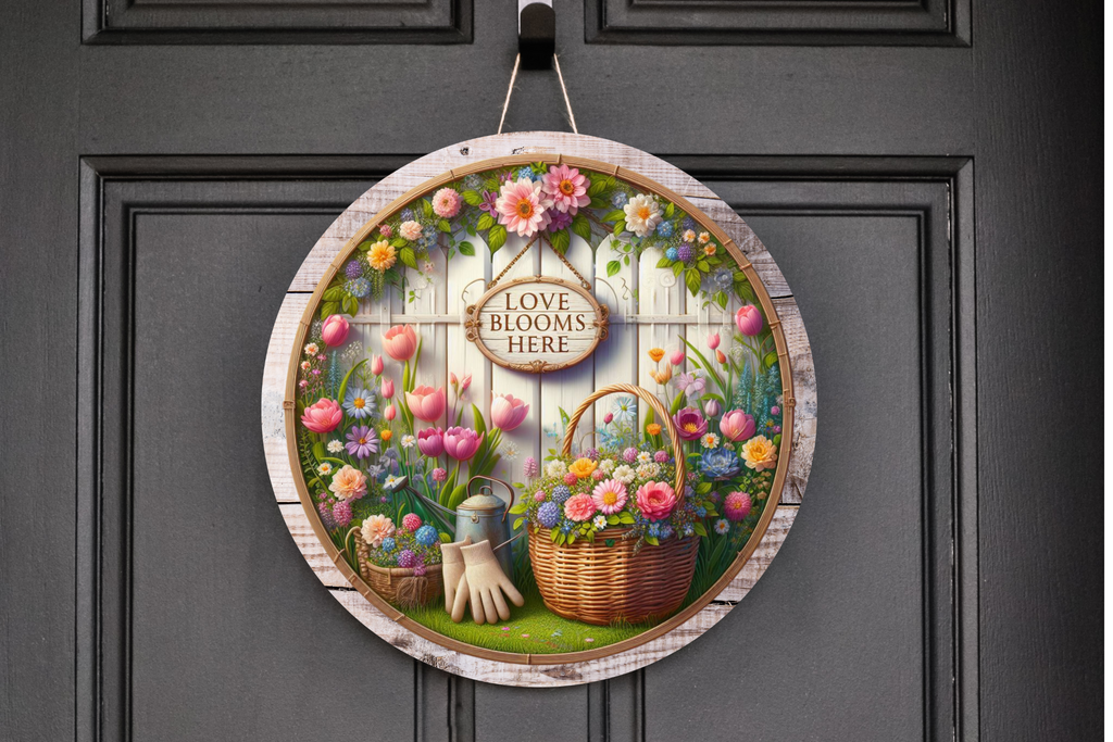 Love Blooms Here Floral Wreath Sign, Round Metal Sign, Door Hanger