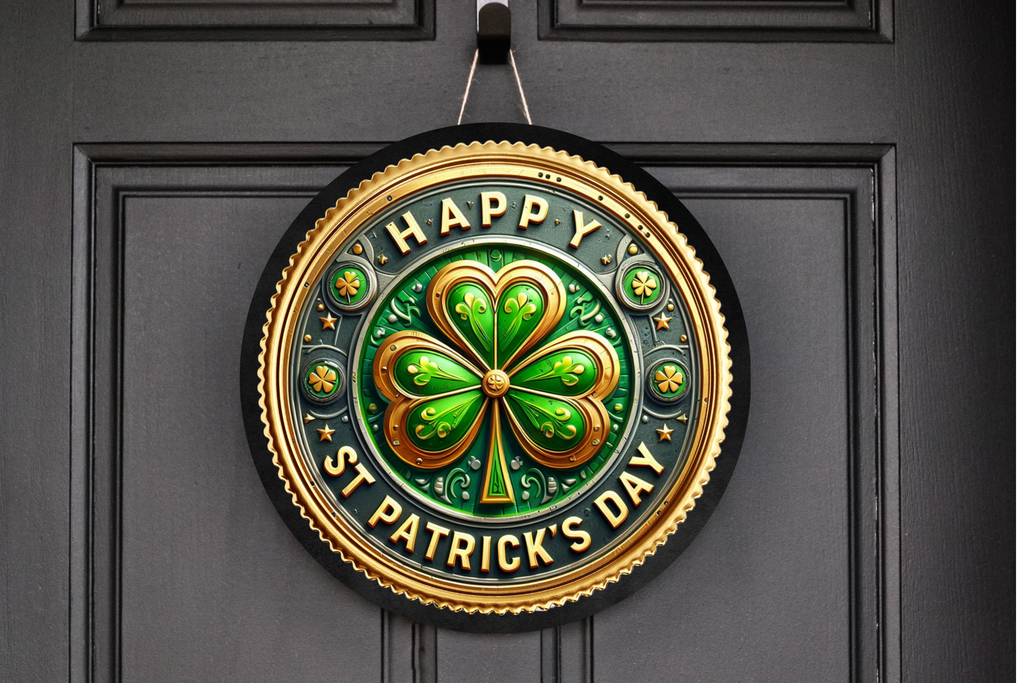 Happy St. Patricks Day Shamrock Wreath Sign, Round Metal Sign, Door Hanger