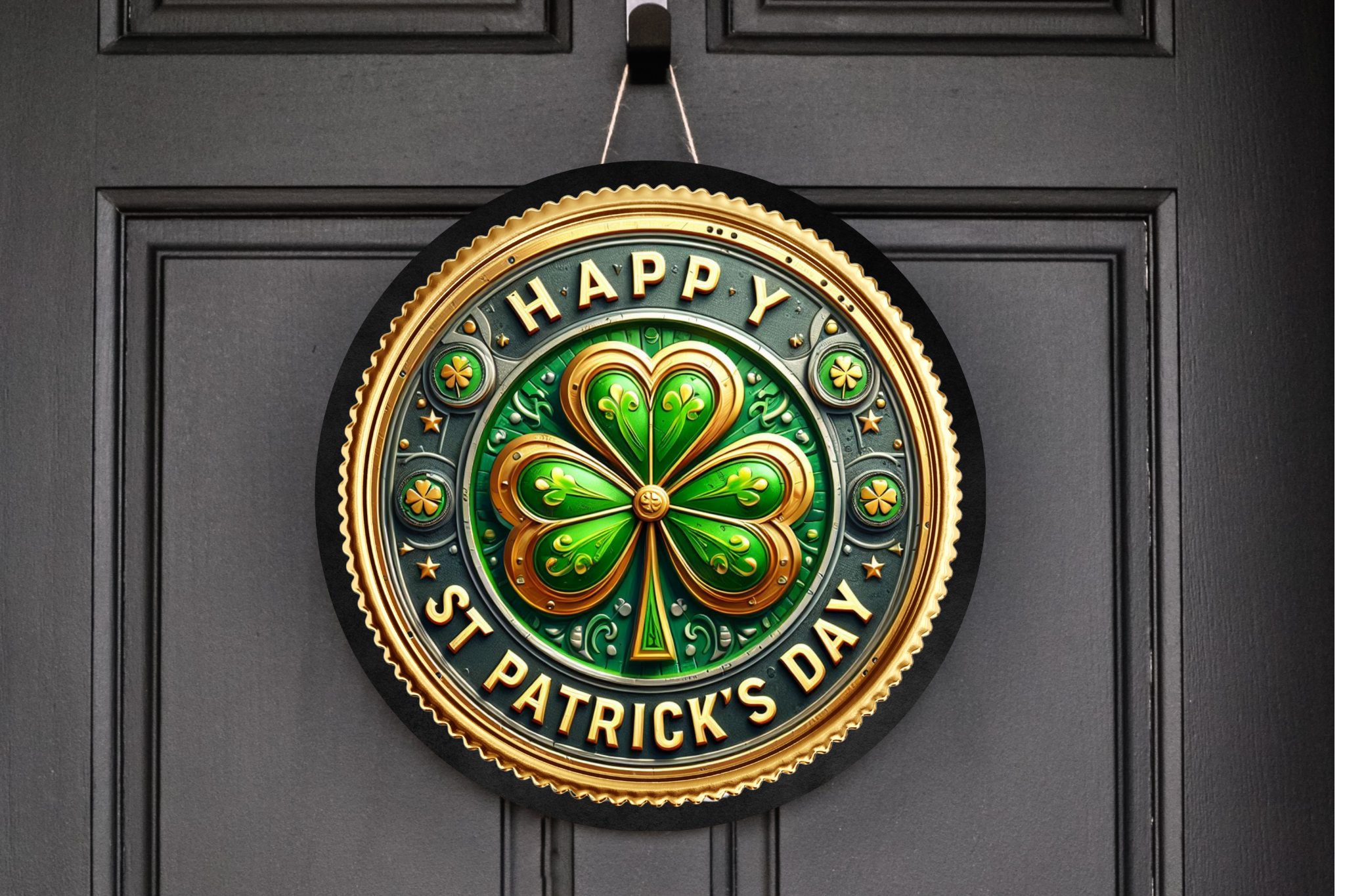 Happy St. Patricks Day Shamrock Wreath Sign, Round Metal Sign, Door Hanger