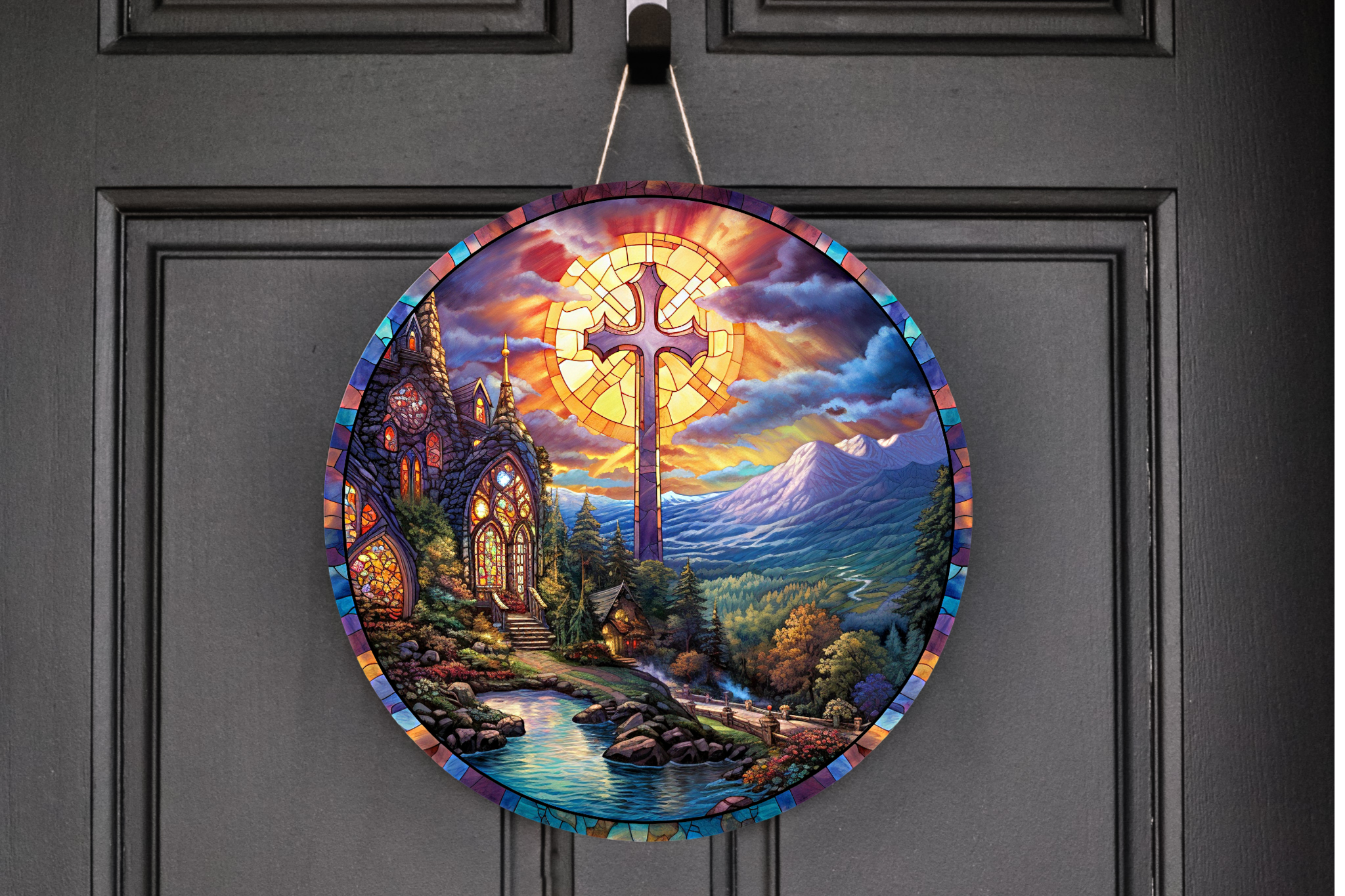 Stained Glass Look Cross & Church Wreath Sign, Round Metal Sign, Door Hanger