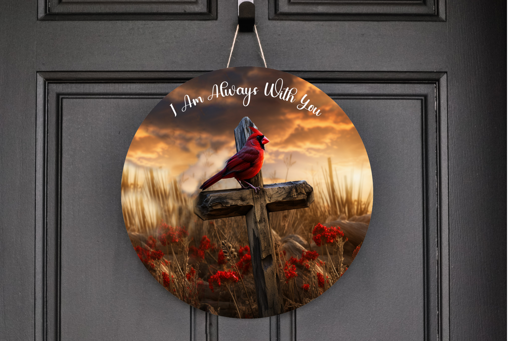 I Am Always With You Cardinal On A Cross  Wreath Sign, Round Metal Sign, Door Hanger