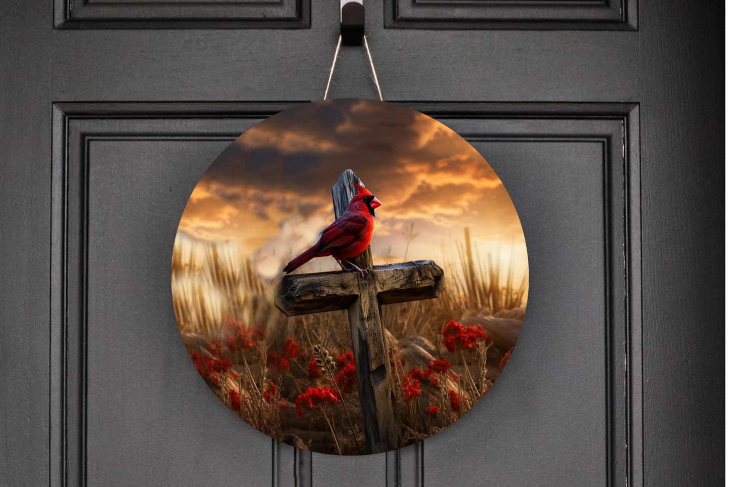Cardinal On A Cross  Wreath Sign, Round Metal Sign, Door Hanger