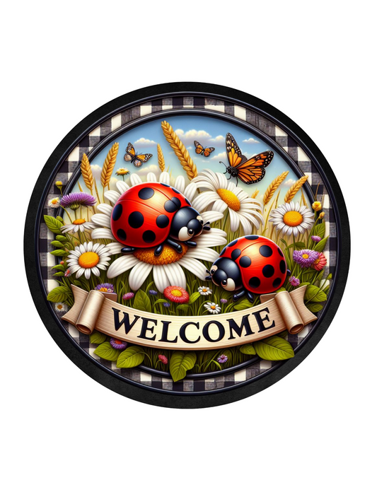 Ladybug Welcome Wreath Sign, Round Metal Sign, Door Hanger