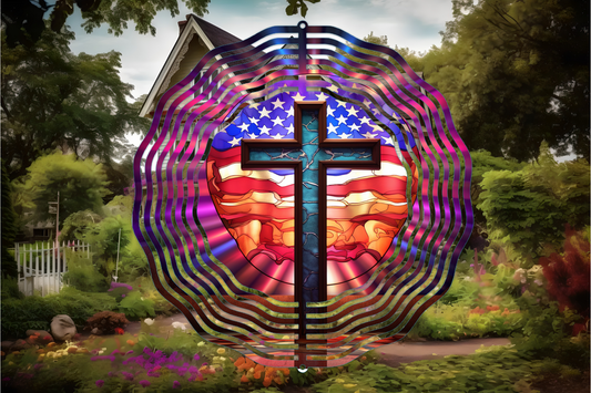 Stained Glass Cross American Flag 10 Inch Double Sided Metal Wind Spinner-Yard Art-Mothers Fathers Day Gift, Christian Religious Gift