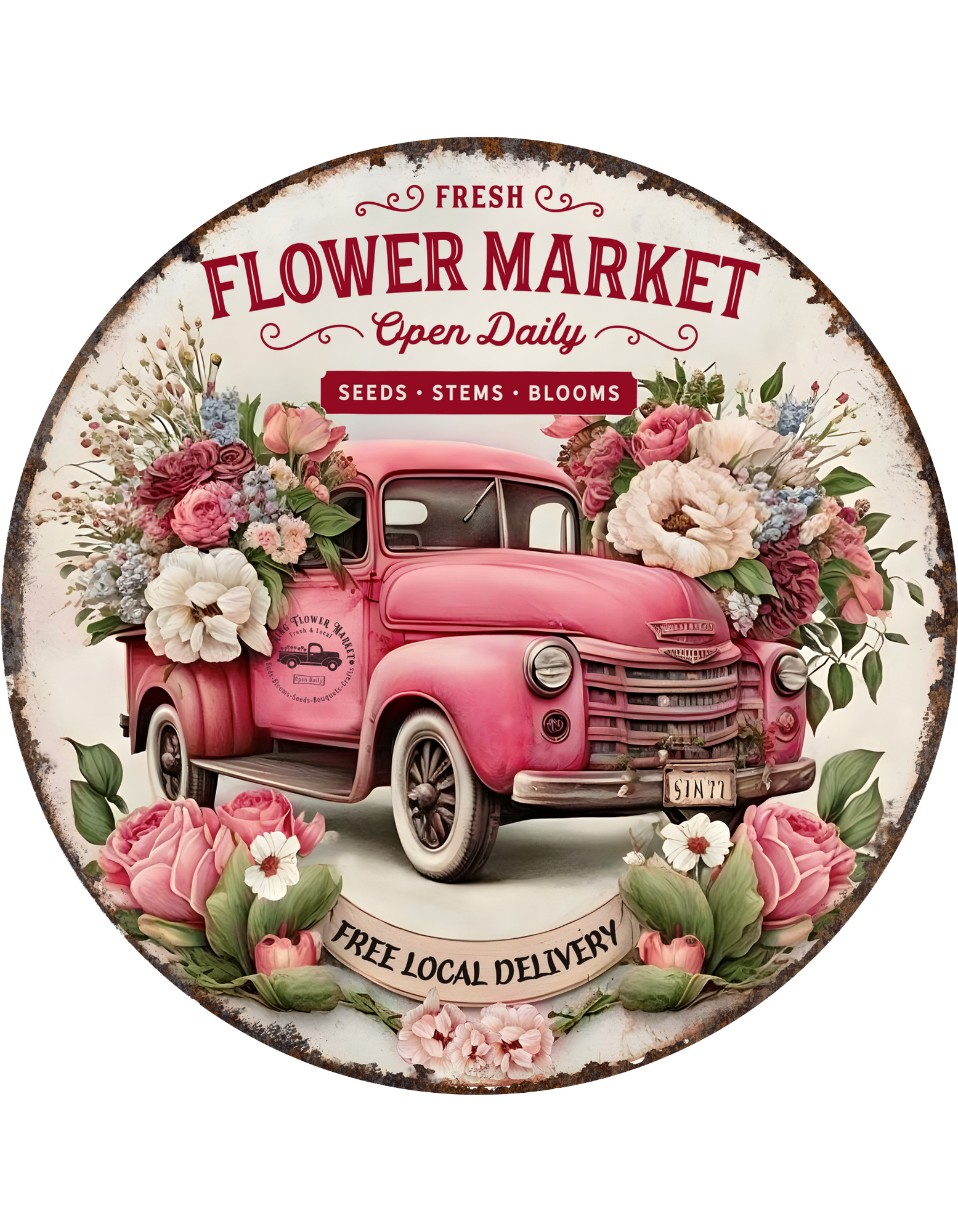 Flower Market Faux Vintage Look Wreath Sign, round wreath sign, Pink Truck Spring Summer Sign For Wreaths
