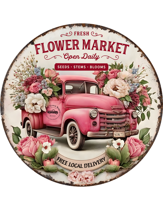 Flower Market Faux Vintage Look Wreath Sign, round wreath sign, Pink Truck Spring Summer Sign For Wreaths