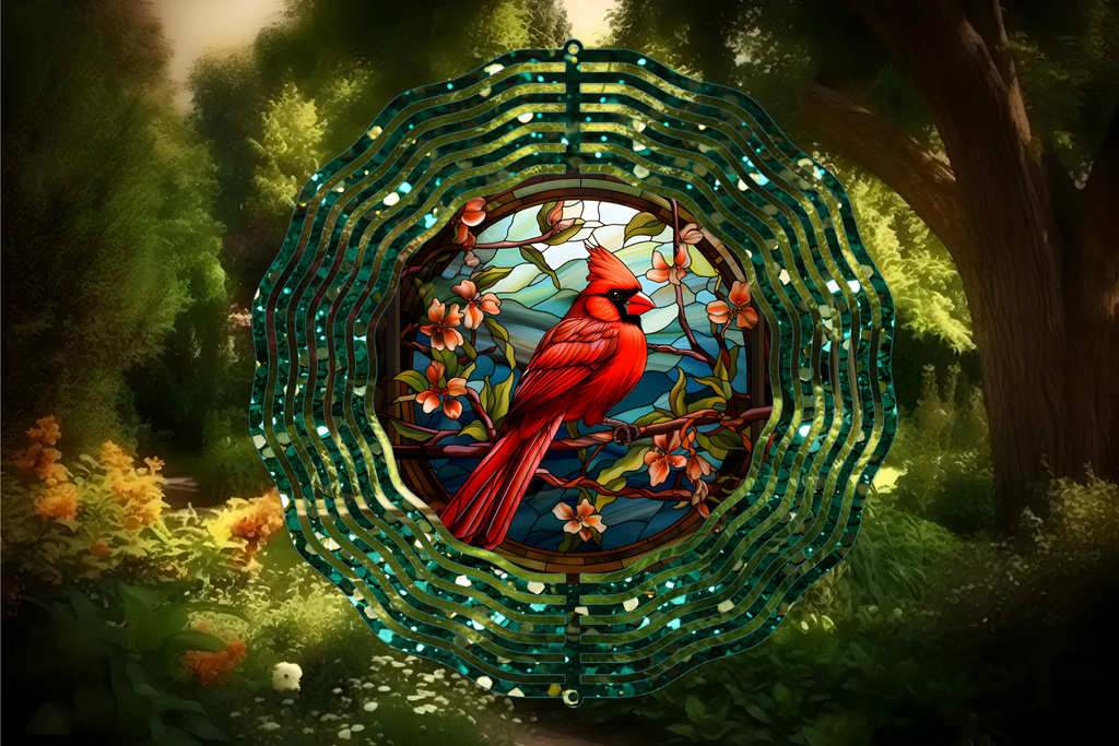 Green Glitter Cardinal Wind Spinner-10 Inch Double Sided Metal Wind Spinner-Yard Art-Mothers Day Birthday Gift