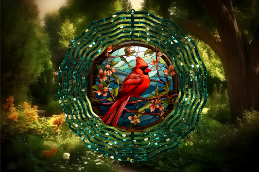 Green Glitter Cardinal Wind Spinner-10 Inch Double Sided Metal Wind Spinner-Yard Art-Mothers Day Birthday Gift