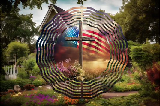 Cross American Flag Wind Spinner-10 Inch Double Sided Metal Wind Spinner-Yard Art- Fathers Day Birthday Gift, Christian Religious Gift