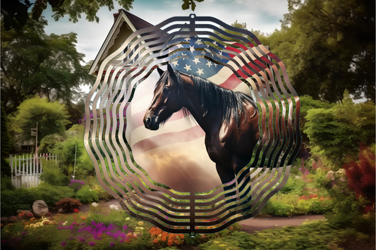 Horse and American Flag 10 Inch Double Sided Metal Wind Spinner-Yard Art-Mothers Fathers Day Gift, Christian Religious Gift