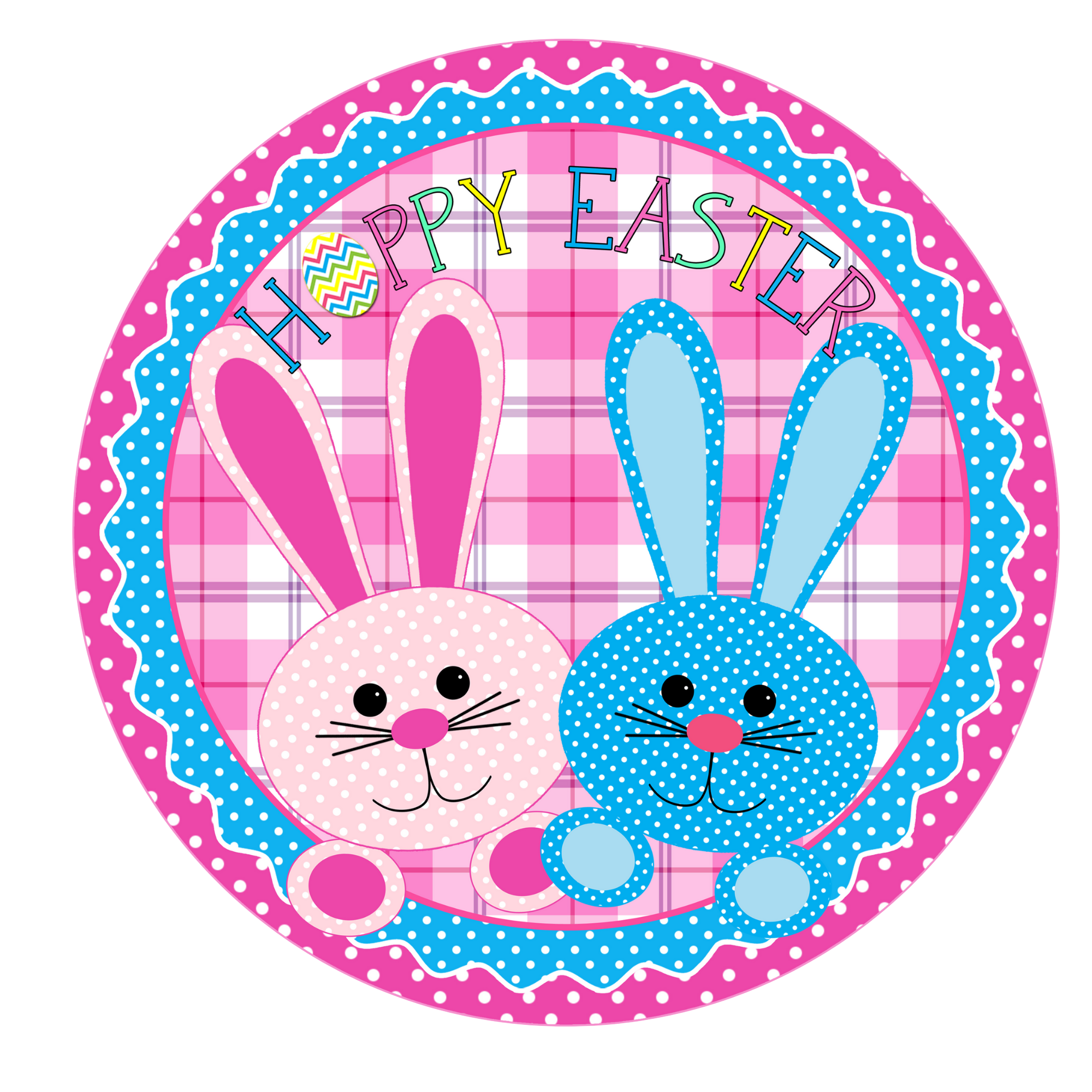 Hoppy Easter Pink & Blue Bunnies Wreath Sign, Round Metal Sign, Door Hanger