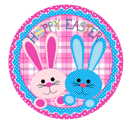 Hoppy Easter Pink & Blue Bunnies Wreath Sign, Round Metal Sign, Door Hanger