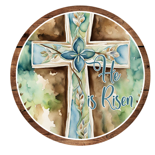 He Is Risen Earth Tones Wreath Sign, Round Metal Sign, Door Hanger
