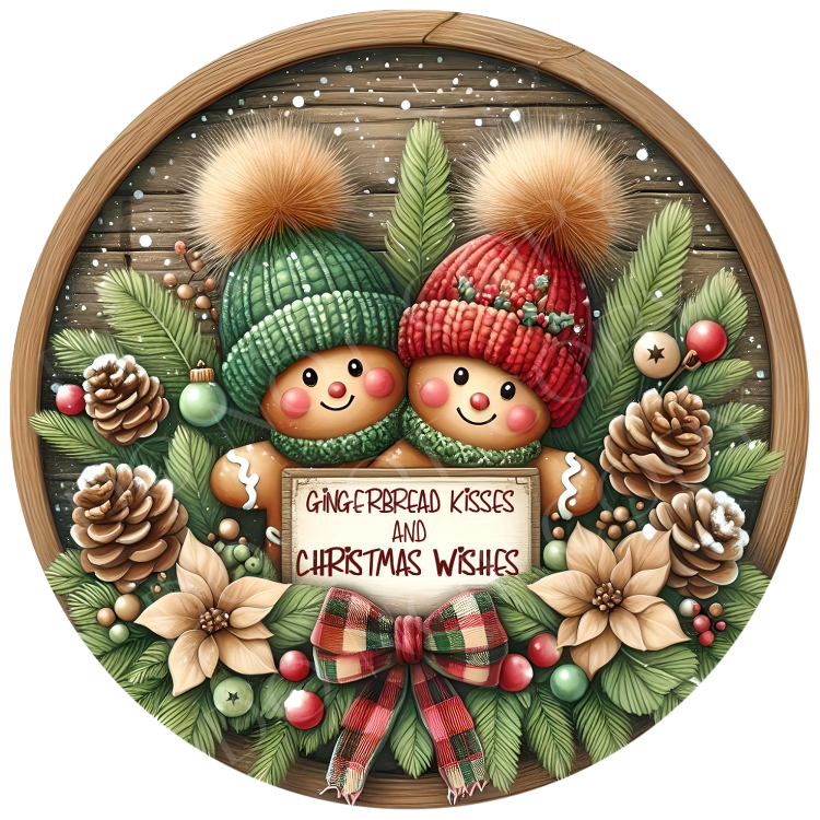 Gingerbread Couple Gingerbread Kisses Wreath Sign, Round Metal Sign For Wreaths, Wreath Attachment, Christmas Holiday Winter Wreath Sign