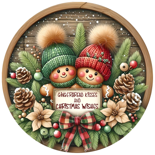 Gingerbread Couple Gingerbread Kisses Wreath Sign, Round Metal Sign For Wreaths, Wreath Attachment, Christmas Holiday Winter Wreath Sign