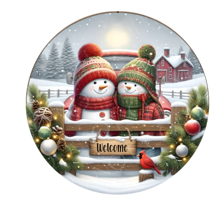 Snowman Couple Welcome Wreath Sign, Round Metal Sign For Wreaths, Wreath Attachment, Christmas Holiday Winter Wreath Sign