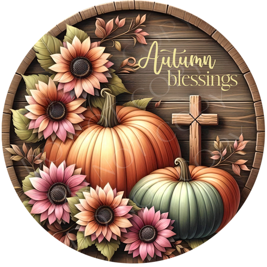 Autumn Blessings Pumpkins & Cross Wreath Sign, Round Metal Sign For Wreaths, Wreath Attachment, Fall Autumn Wreath Sign