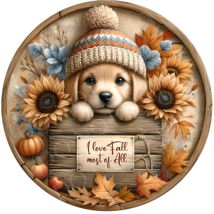Puppy I Love Fall Most Of All Wreath Sign, Round Metal Sign For Wreaths, Wreath Attachment, Fall Autumn Wreath Sign