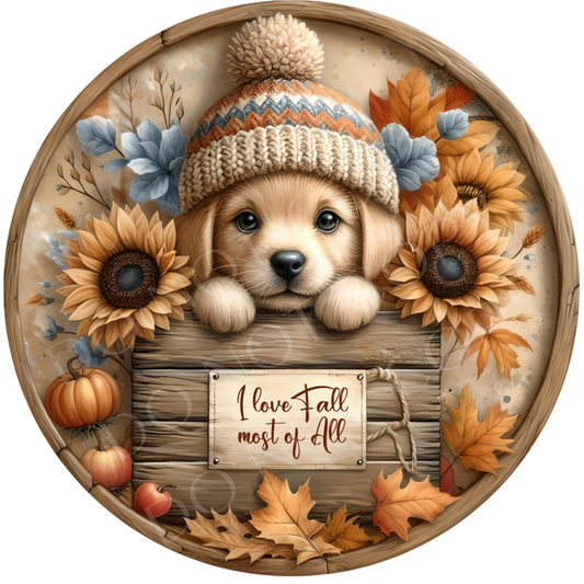 Puppy I Love Fall Most Of All Wreath Sign, Round Metal Sign For Wreaths, Wreath Attachment, Fall Autumn Wreath Sign