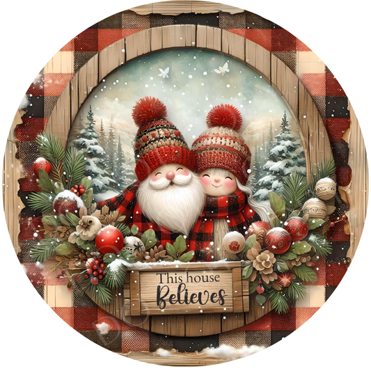 Santa This House Believes Wreath Sign, Round Metal Sign For Wreaths, Wreath Attachment, Christmas Holiday Winter Wreath Sign