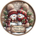 Snowman Couple Wreath Sign, Round Metal Sign For Wreaths, Wreath Attachment, Christmas Holiday Winter Wreath Sign, Snowflake Wishes