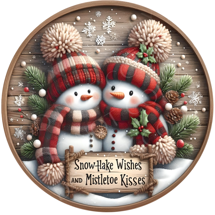 Snowman Couple Wreath Sign, Round Metal Sign For Wreaths, Wreath Attachment, Christmas Holiday Winter Wreath Sign, Snowflake Wishes