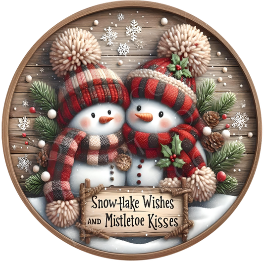 Snowman Couple Wreath Sign, Round Metal Sign For Wreaths, Wreath Attachment, Christmas Holiday Winter Wreath Sign, Snowflake Wishes
