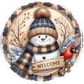 Welcome Snowman & Cardinal Wreath Sign, Round Metal Sign For Wreaths, Wreath Attachment, Christmas Holiday Winter Wreath Sign