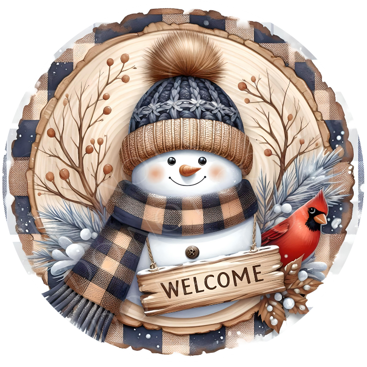 Welcome Snowman & Cardinal Wreath Sign, Round Metal Sign For Wreaths, Wreath Attachment, Christmas Holiday Winter Wreath Sign