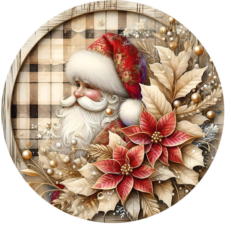 Red & Gold Santa Wreath Sign, Round Metal Sign For Wreaths, Wreath Attachment, Christmas Holiday Winter Wreath Sign