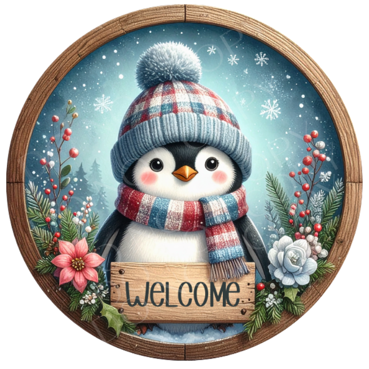 Welcome Penguin Winter Wreath Sign, Round Metal Sign For Wreaths, Wreath Attachment, Christmas Holiday Winter Wreath Sign