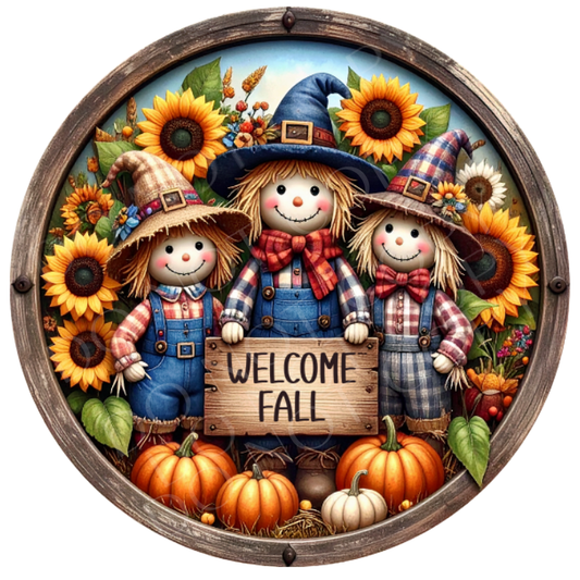 Welcome Fall Scarecrow & Pumpkins Wreath Sign, Round Metal Sign For Wreaths, Wreath Attachment, Halloween Fall Wreath Sign
