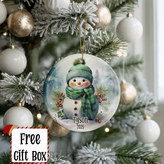 Personalized Green Snowman Ornament, Kids Boy or Girl Snowman Ornament, Add Any Name Keepsake Ornament, Grandchild Gift, Gift For Child
