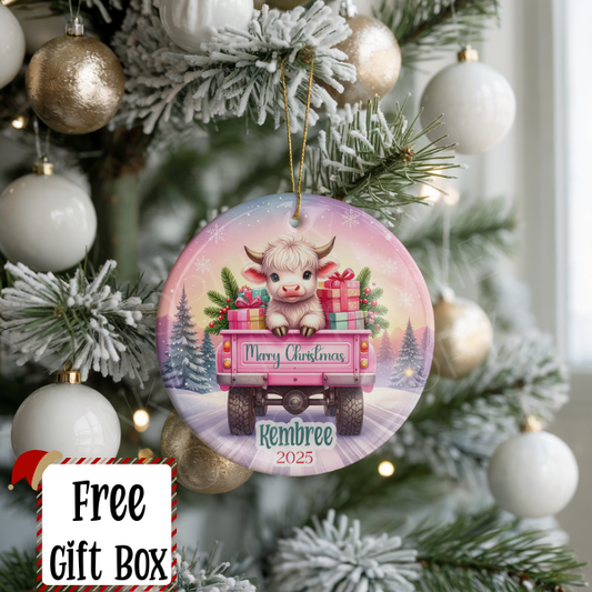 Personalized Pink Highland Cow Ornament, Kids Gift Ornament, Add Any Name Keepsake Ornament, Gift For Grandchild, Highland Cow Lover Gift