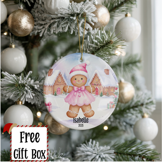 Personalized Pink Gingerbread Ornament, Kids Gift Ornament, Add Any Name Keepsake Ornament, Gift For Grandchild, Gift For Girl