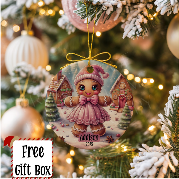 Personalized Pink Gingerbread Ornament, Kids Gift Ornament, Add Any Name Keepsake Ornament, Gift For Grandchild, Gift For Girl