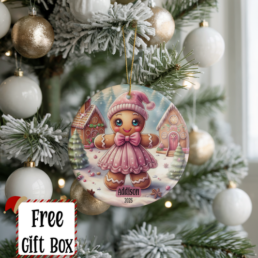 Personalized Pink Gingerbread Ornament, Kids Gift Ornament, Add Any Name Keepsake Ornament, Gift For Grandchild, Gift For Girl