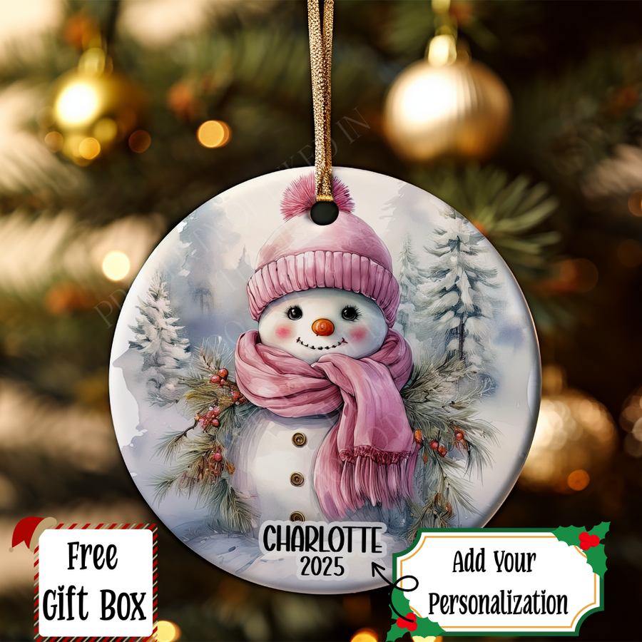 Personalized Girl Snowman Ornament, Girls Pink Gift Ornament, Add Any Name Keepsake Ornament, Gift For Grandchild, Gift For Girl
