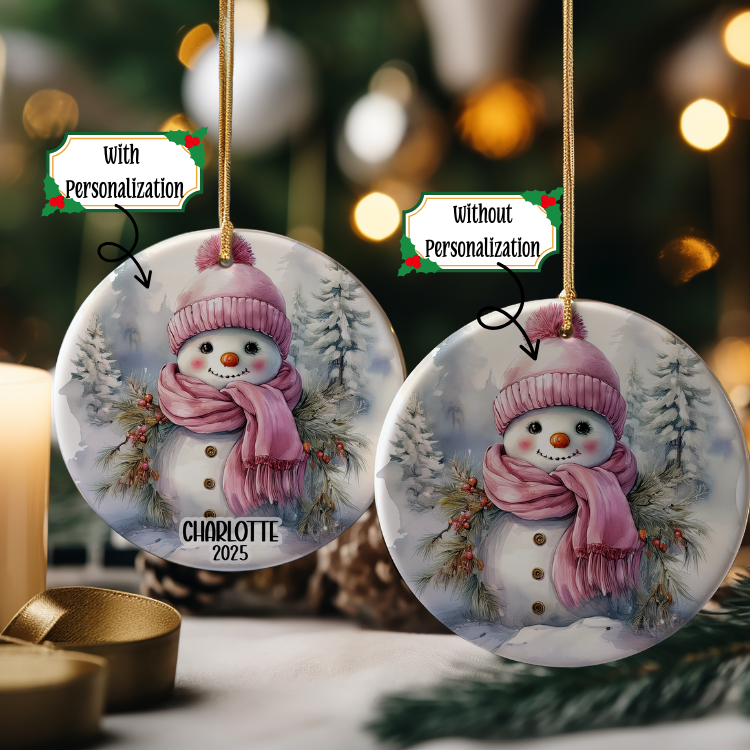 Personalized Girl Snowman Ornament, Girls Pink Gift Ornament, Add Any Name Keepsake Ornament, Gift For Grandchild, Gift For Girl