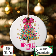 Personalized Pink Bow Christmas Tree Ornament, Girls Trendy Pink Bow Tree Gift Ornament, Add Any Name Any Year, Keepsake Ornament