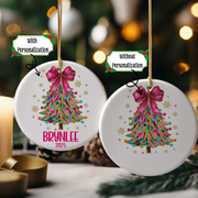 Personalized Pink Bow Christmas Tree Ornament, Girls Trendy Pink Bow Tree Gift Ornament, Add Any Name Any Year, Keepsake Ornament