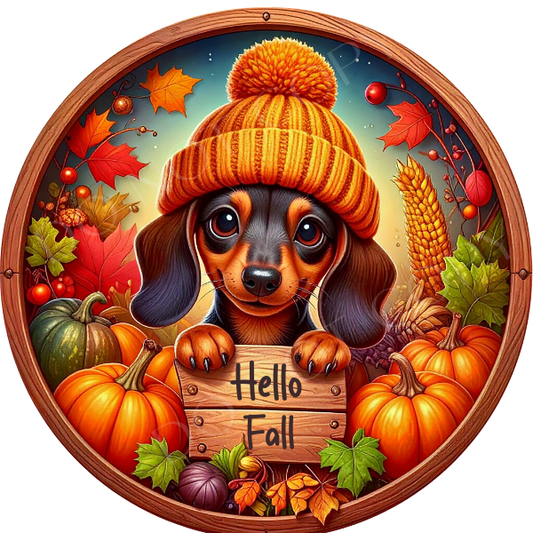 Hello Fall Puppy Wreath Sign, Round Metal Sign For Wreaths, Wreath Attachment, Fall Dachshund Wreath Sign