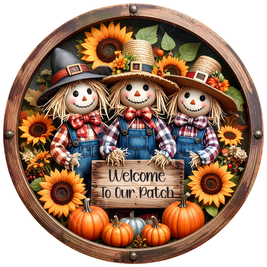 Welcome To Our Patch Scarecrows & Pumpkins Wreath Sign, Round Metal Sign For Wreaths, Wreath Attachment, Halloween Fall Wreath Sign
