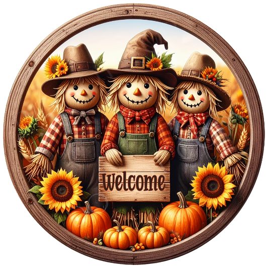Welcome Scarecrow & Pumpkins Wreath Sign, Round Metal Sign For Wreaths, Wreath Attachment, Halloween Fall Wreath Sign